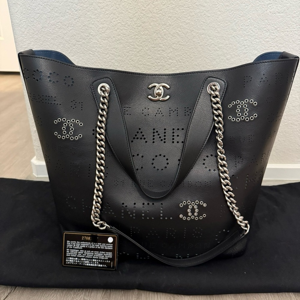Chanel 2019 Perforated Black Leather Tote with Chain Straps
